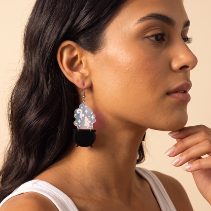 Laser Engraved Iridescent Witch Cauldron Earrings