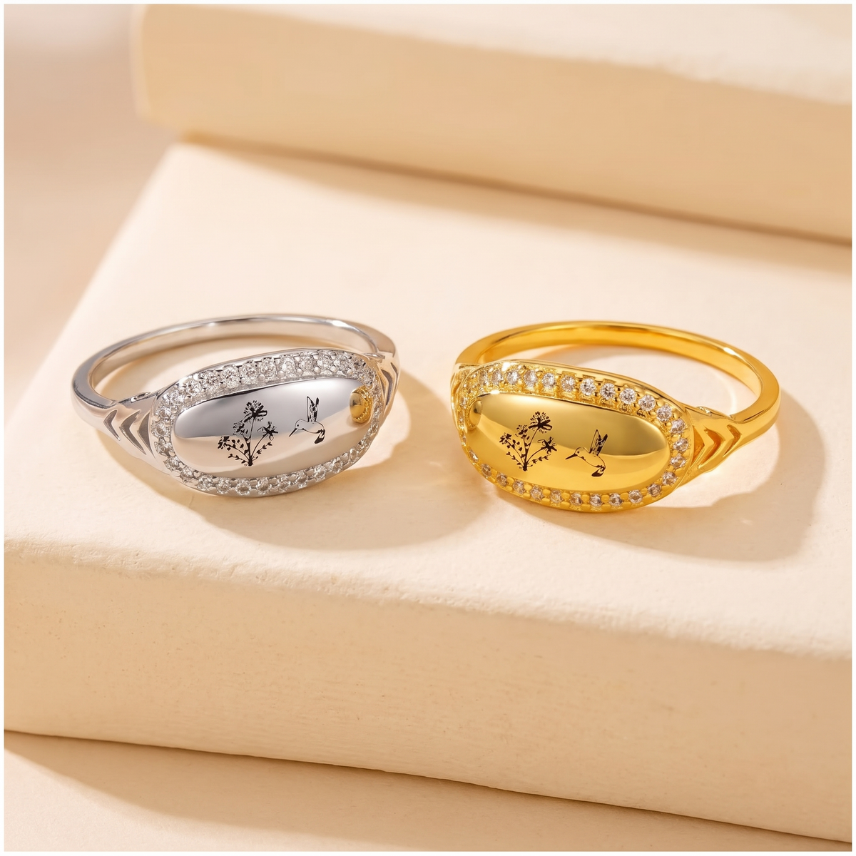 Custom Birthflower + Hummingbird Vintage Style Ring