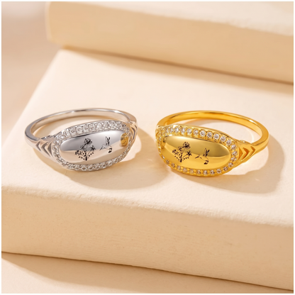 Custom Birthflower + Hummingbird Vintage Style Ring