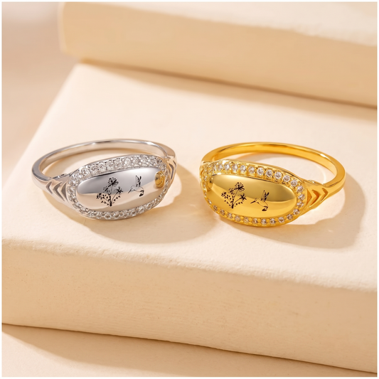 Custom Birthflower + Hummingbird Vintage Style Ring