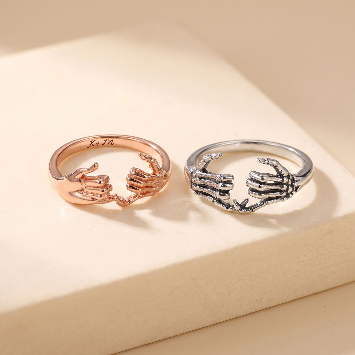 Pinky Promise Skeleton Hands Ring with Custom Engraved