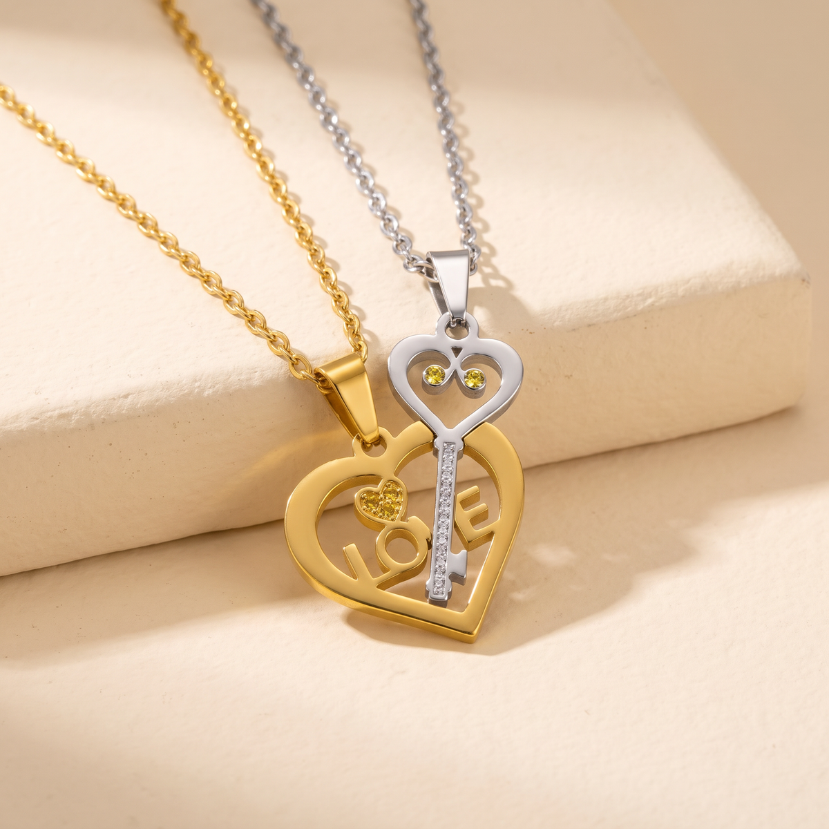 Heart and Key Matching Necklaces with Custom Birthstones