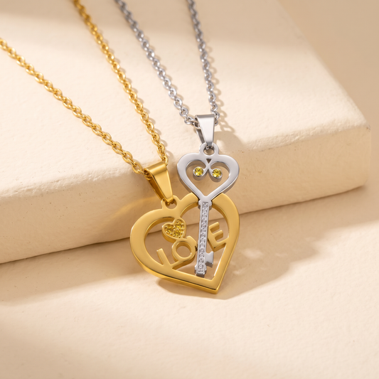 Heart and Key Matching Necklaces with Custom Birthstones