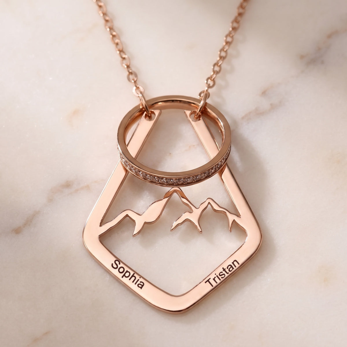 Personalized Mountain Ring Holder Necklace, rose gold mountain pendant holding a ring, engraved names