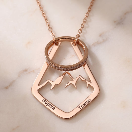 Personalized Mountain Ring Holder Necklace, rose gold mountain pendant holding a ring, engraved names