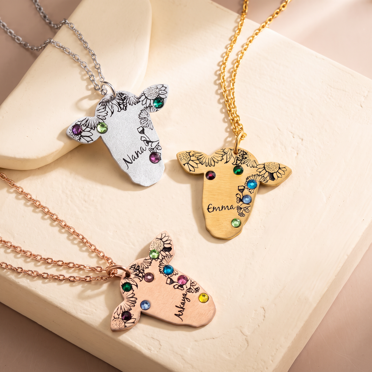 Customized Retro Bohemian Cow Necklace with Birthstones