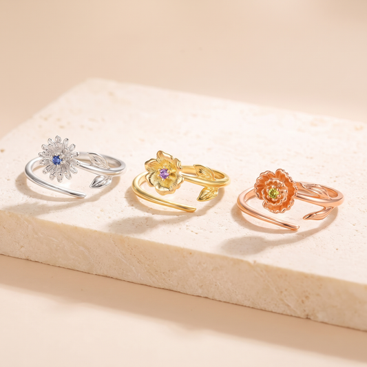 Personalized Birth Flower Adjustable Ring with Birthstone