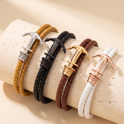 Bracciale uomo intrecciato in pelle con ancora personalizzato