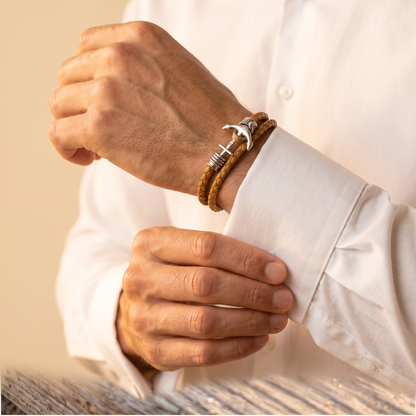 Bracciale uomo intrecciato in pelle con ancora personalizzato