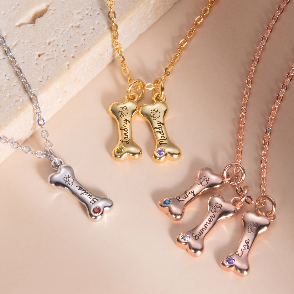 Custom Name + Birthstone Dog Bone Necklace