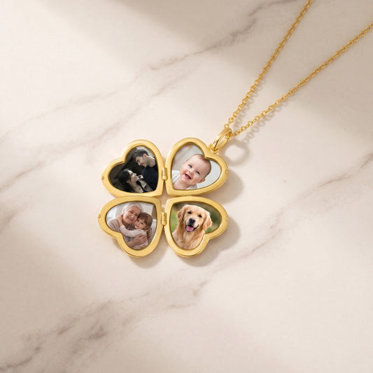 Personalized Photos Heart Locket Necklace, four leaf clover locket opened with four photos