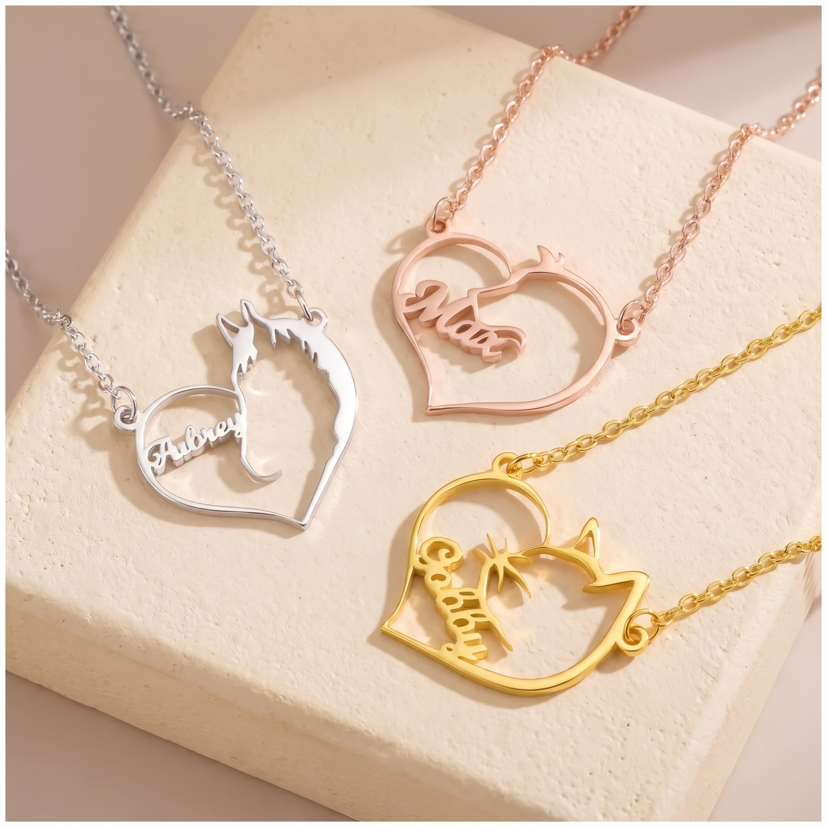Custom Name Cat, Dog or Horse Silhouette Heart Necklace