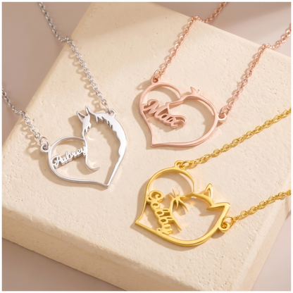 Custom Name Cat, Dog or Horse Silhouette Heart Necklace