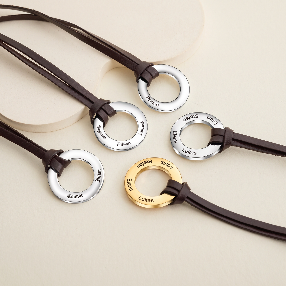 Custom Engraved 4 Names Circle Pendant Necklace with Vegan Leather Chain