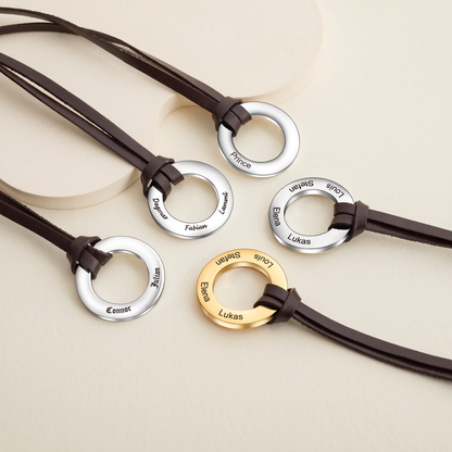 Custom Engraved 4 Names Circle Pendant Necklace with Vegan Leather Chain