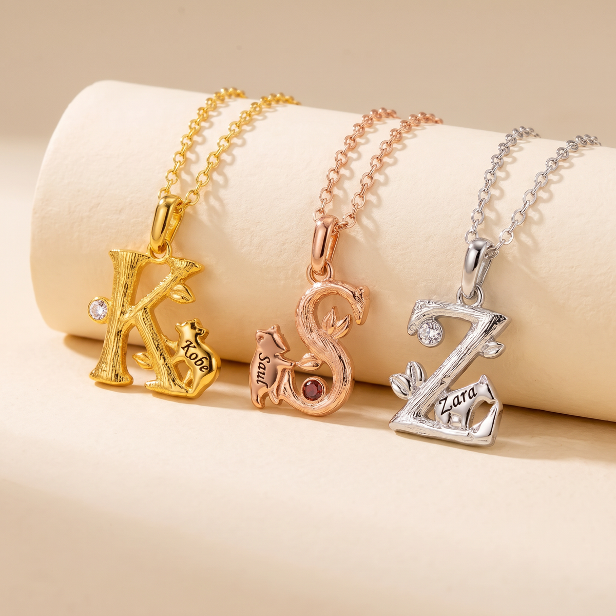 Custom Initial Bear Necklace with Birthstone + Name Engraving
