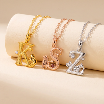 Custom Initial Bear Necklace with Birthstone + Name Engraving