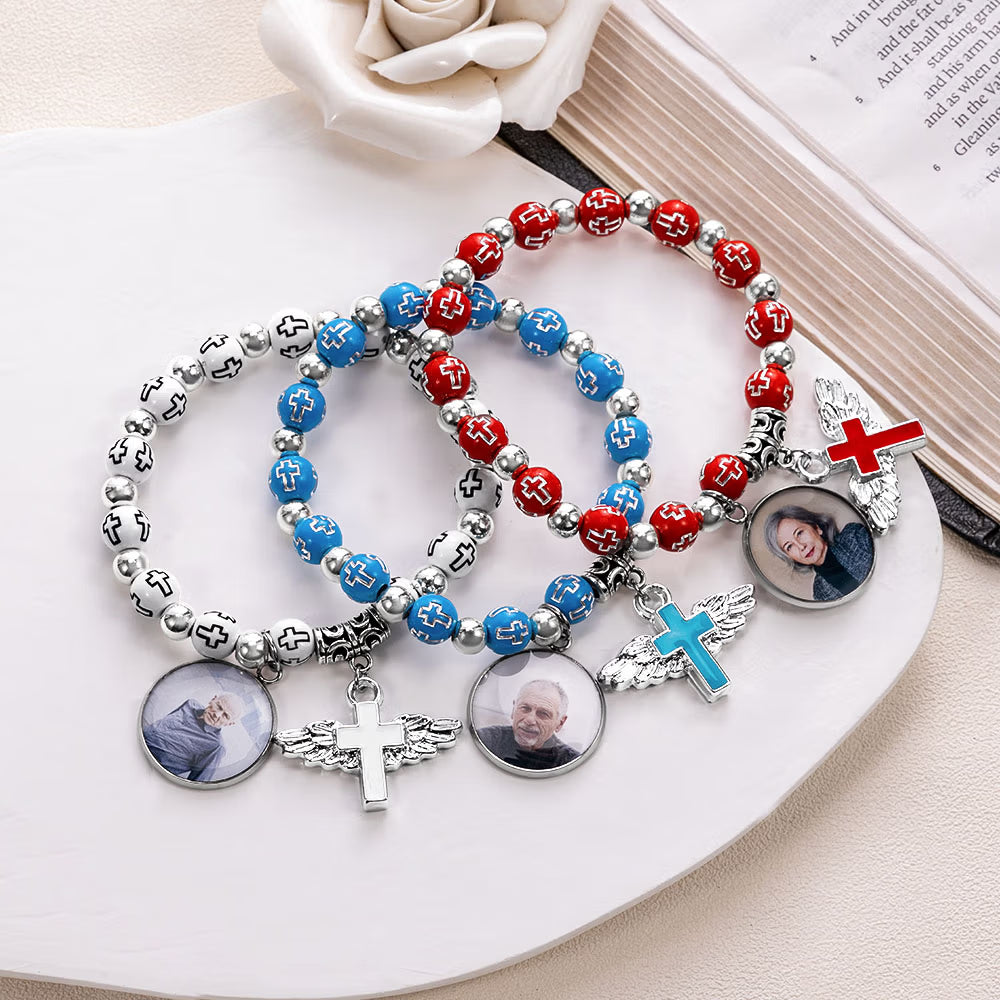 Custom Photo Cross Beaded Bracelet with Angel Wings