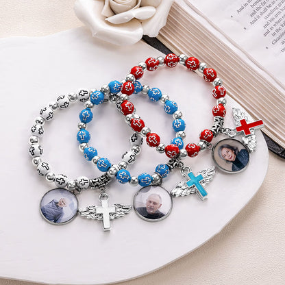 Custom Photo Cross Beaded Bracelet with Angel Wings
