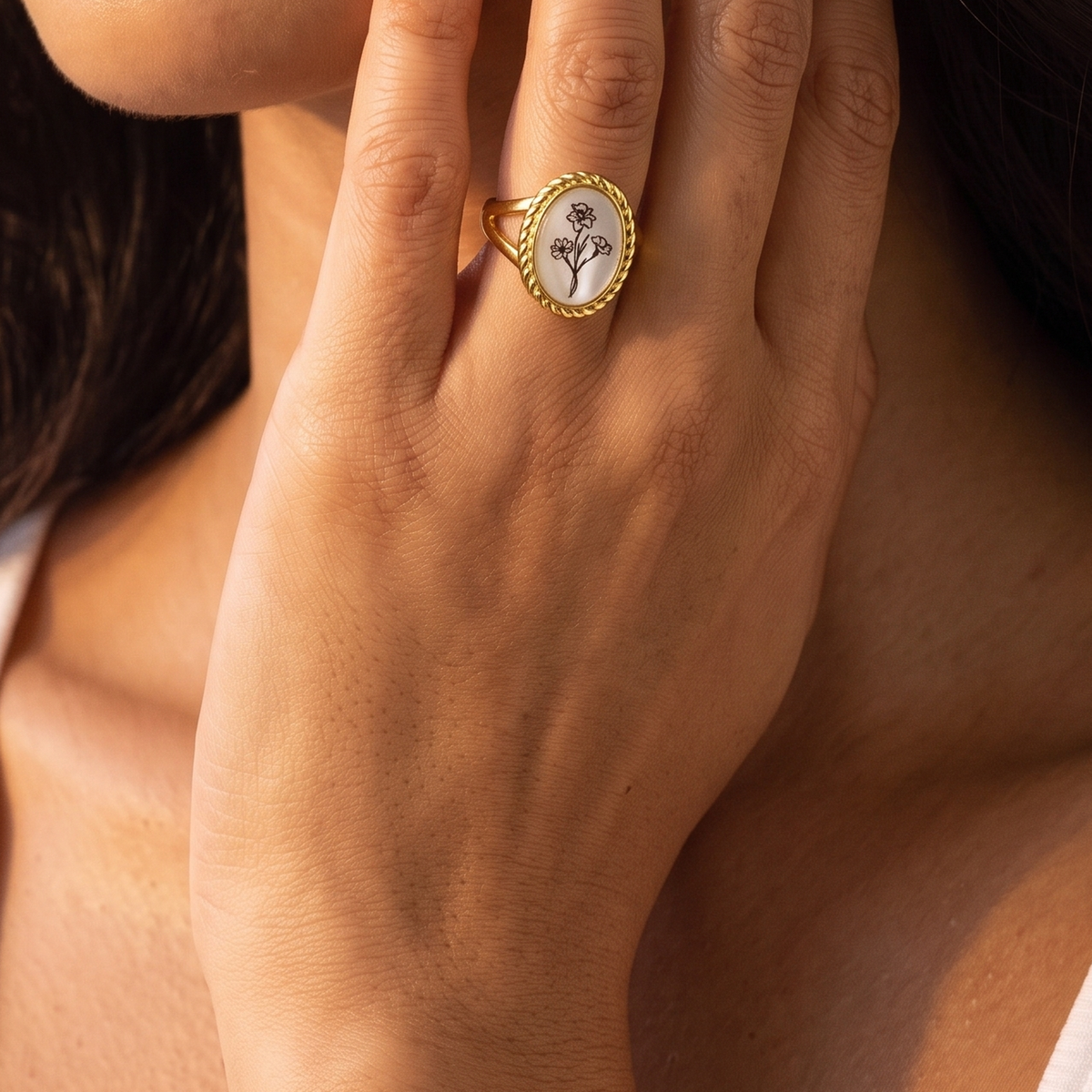 Mother of Pearl Style Birthflower Engraved Signet Ring