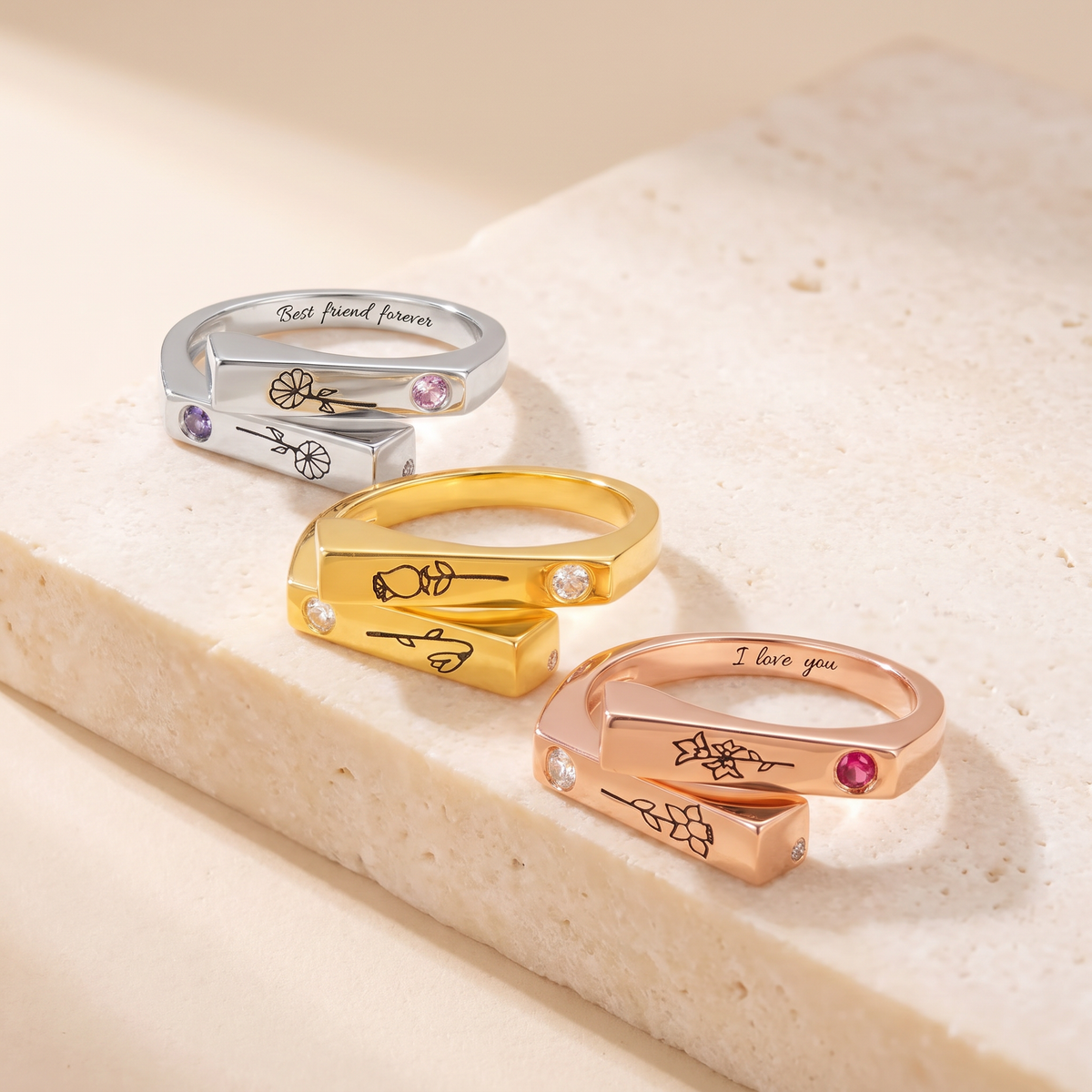 Personalized Matching Birthflowers & Birthstones Ring