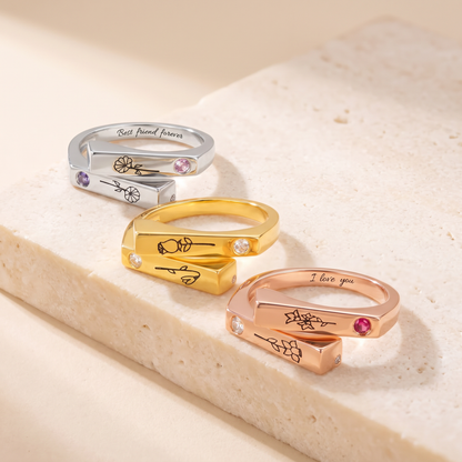 Personalized Matching Birthflowers & Birthstones Ring