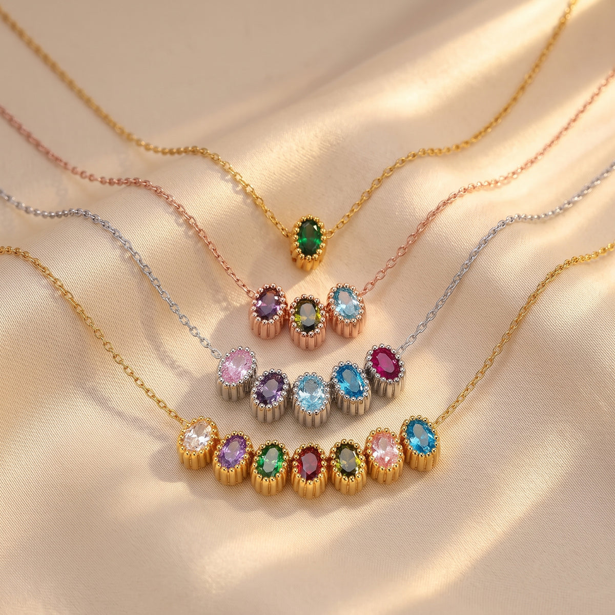 Personalized Oval Birthstones Family Necklace