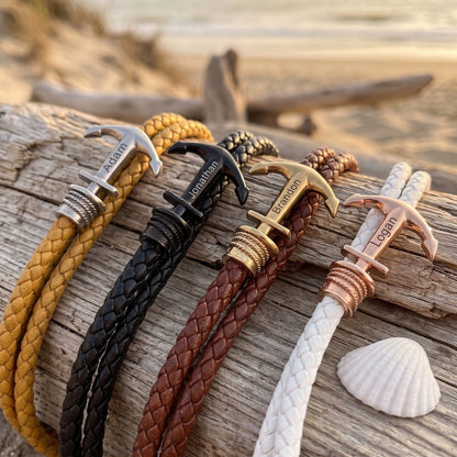 Custom Name Braided Leather Anchor Leather Bracelet for Men