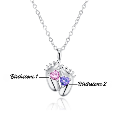 Double Heart Birthstone Baby Feet Necklace
