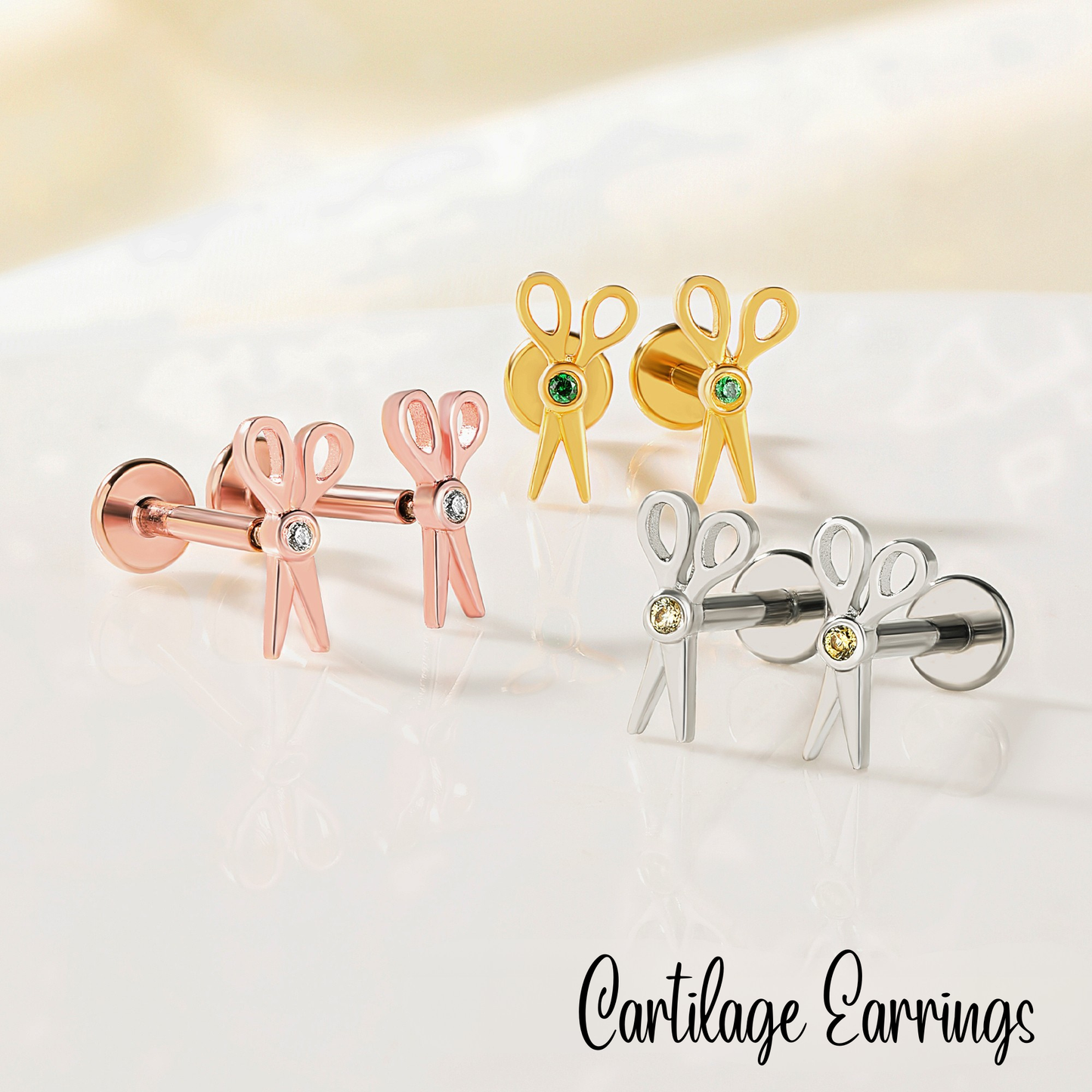 Custom Tiny Scissors Ear Piercing with Birthstone