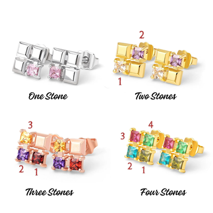 Custom Square Birthstones Stud Earrings