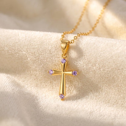 Personalized Dainty Birthstone Cross Necklace