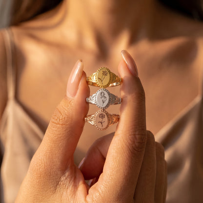 Personalized Vintage Birthflower Signet Ring