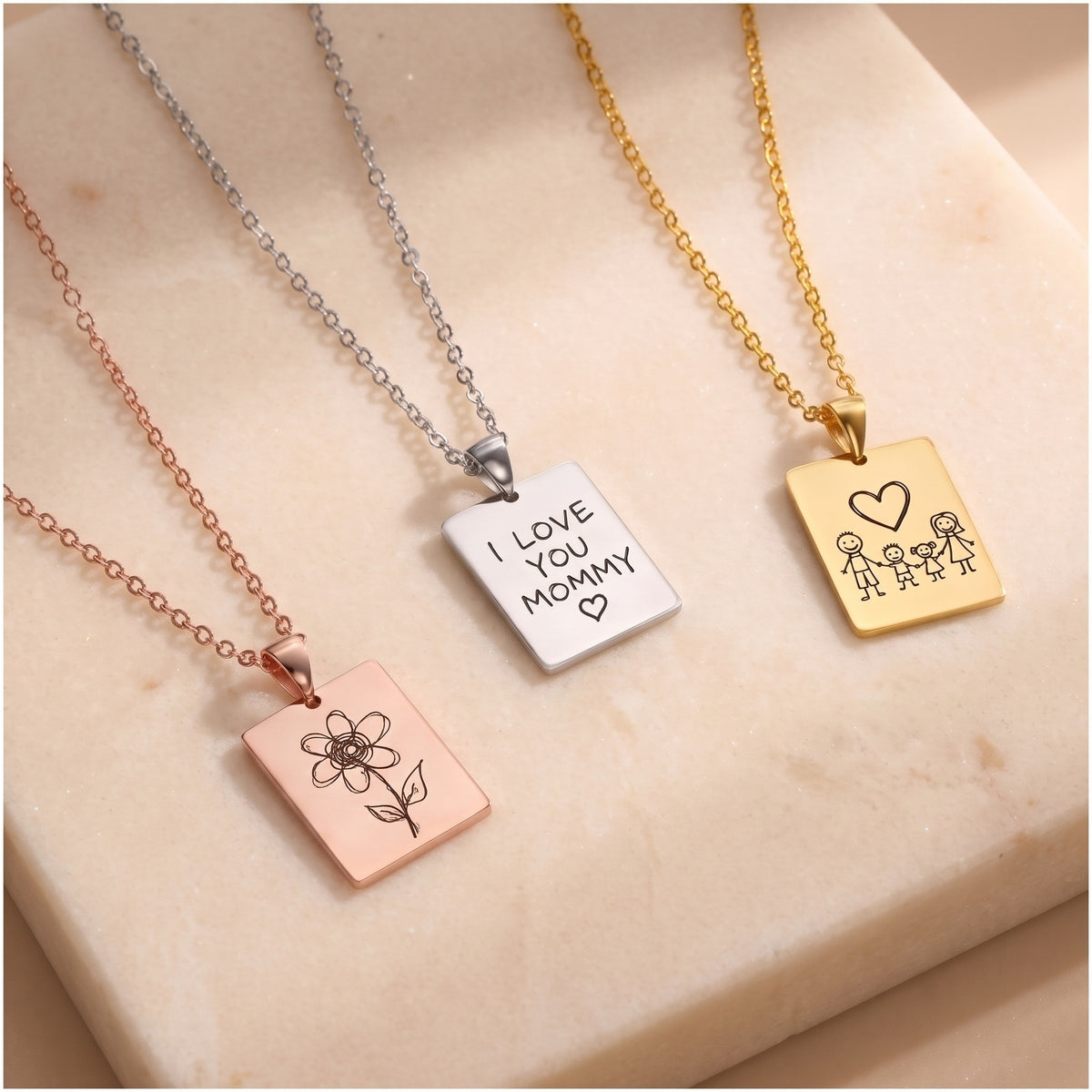 Kids drawing necklaces in rose gold, silver and gold