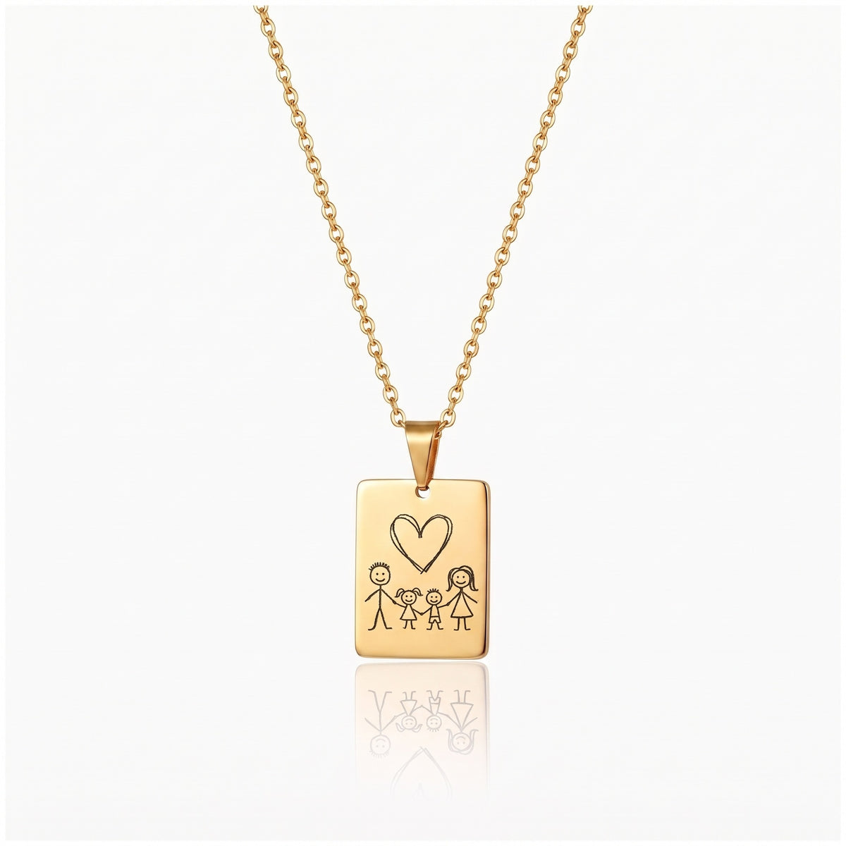 Custom kids drawing necklace, gold pendant engraved with a child's drawing of a family and a heart