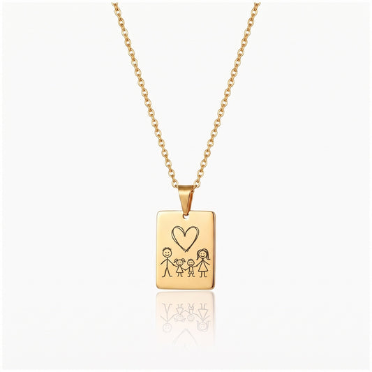 Custom kids drawing necklace, gold pendant engraved with a child's drawing of a family and a heart