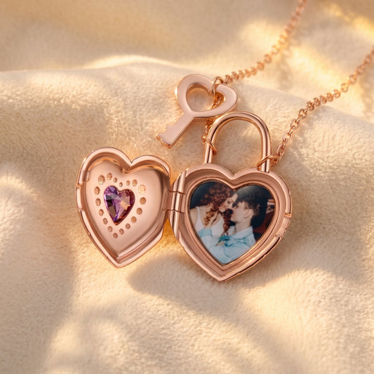 Personalized Photo Heart Lock Necklace with Birthstone