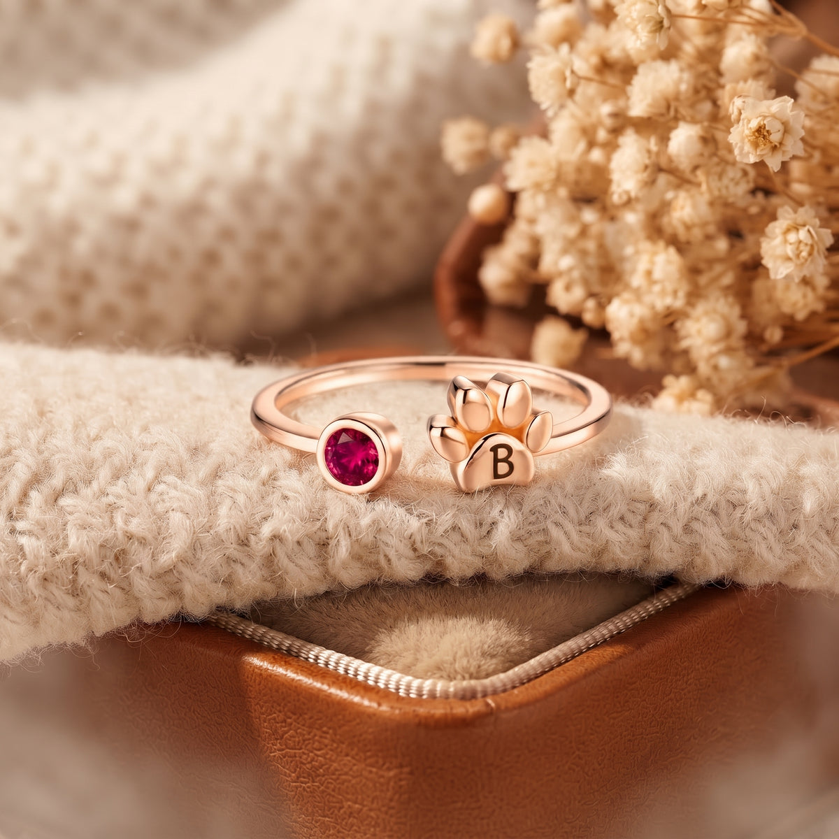 Custom Initial Engraved Tiny Paw with Birthstone Ring