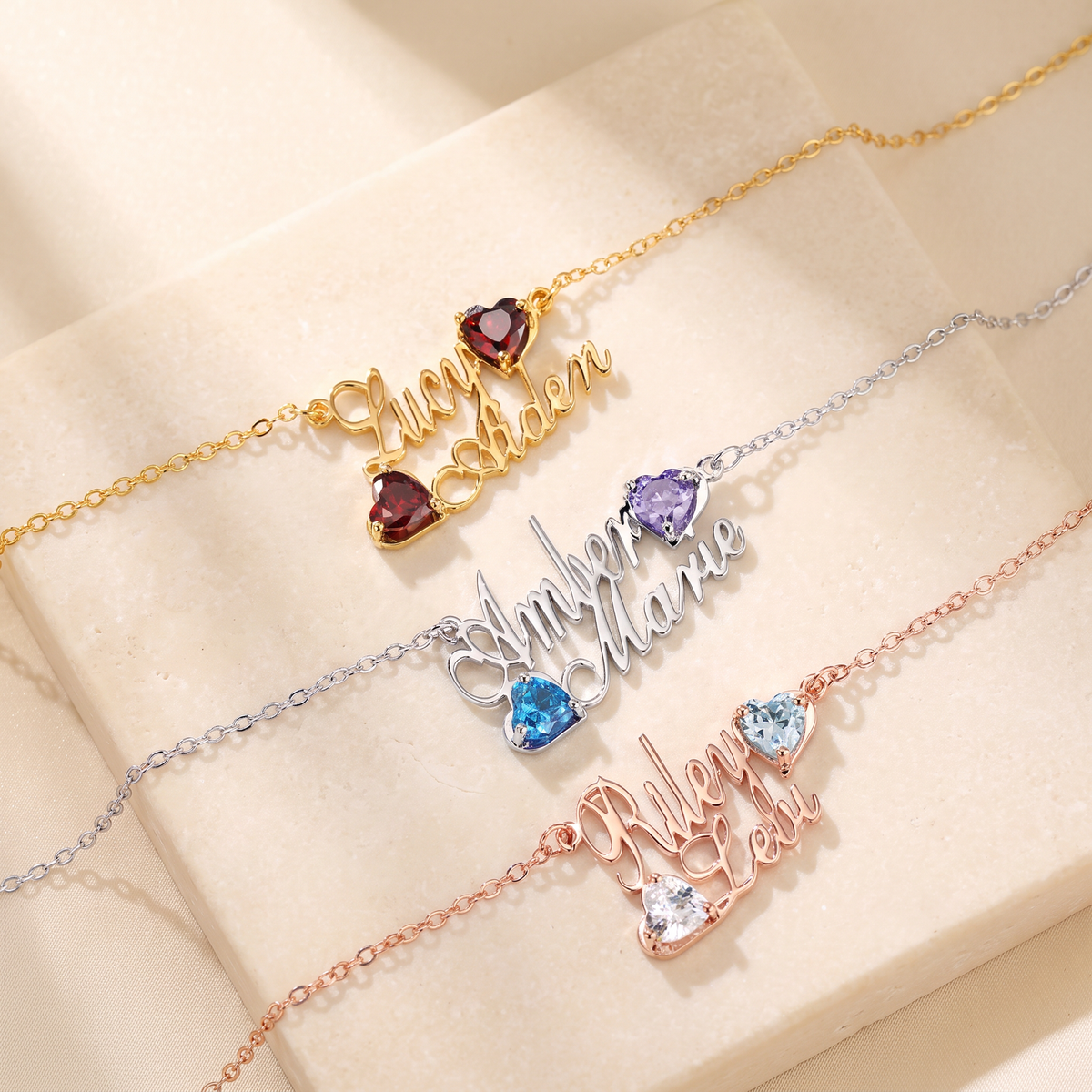 Personalized 2 Names Necklace with 2 Birthstones