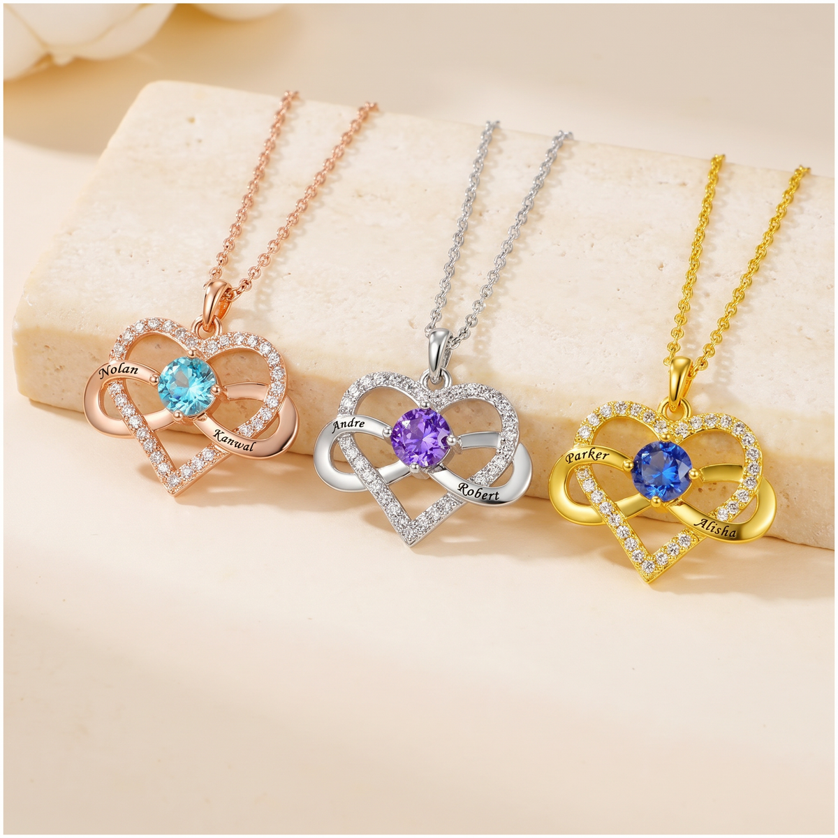 Infinity Heart Necklace with Names & Birthstone