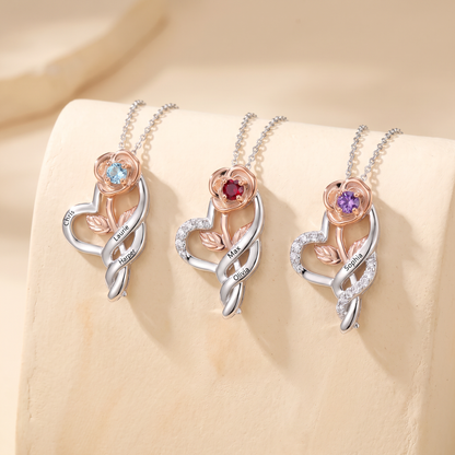 Custom Rose Heart Necklace with Names & Birthstone
