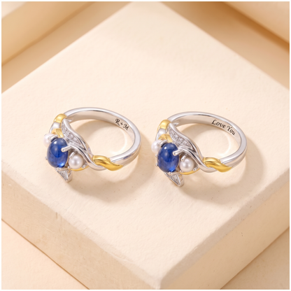 Royal Blue Stone and Pearl Ring with Custom Engraving, Book Inspired Ring