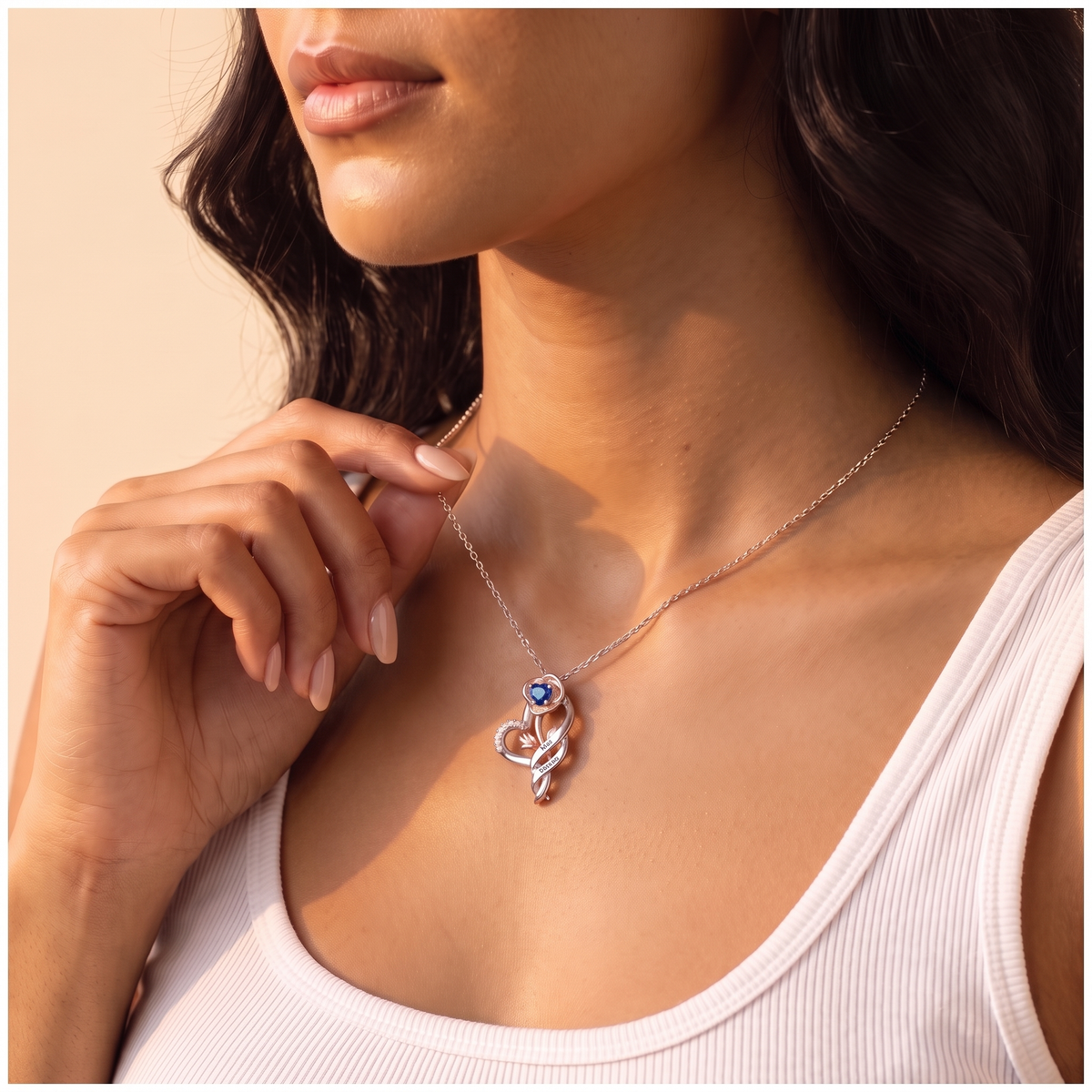 Custom Rose Heart Necklace with Names & Birthstone