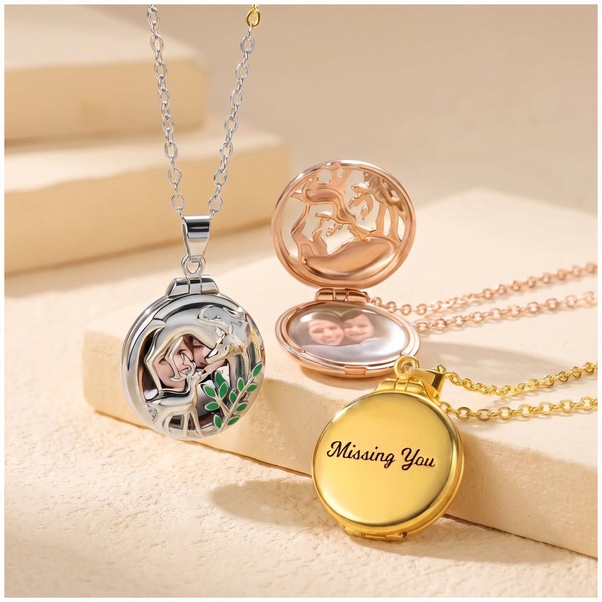Custom Photo Elk Locket Necklace (Mother & Baby) +  Engravings