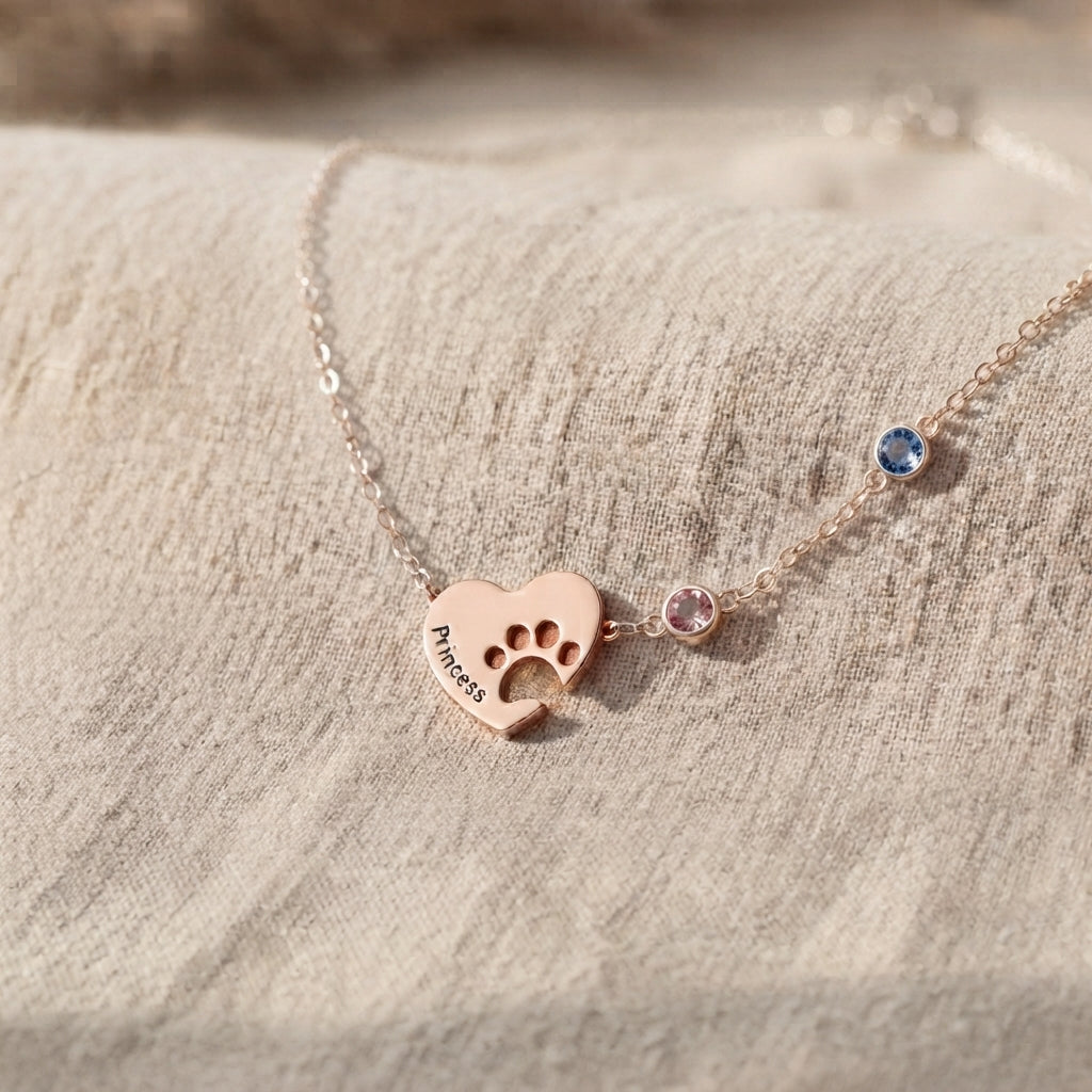Personalized Name Paw Heart Necklace