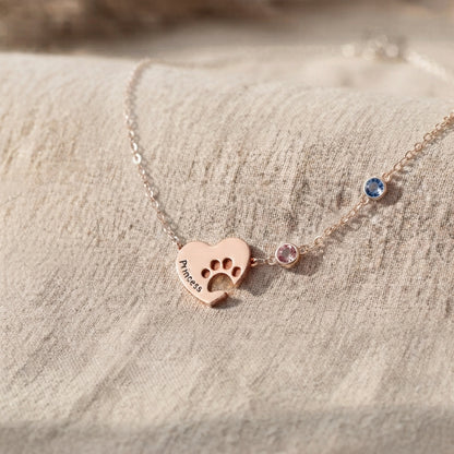 Personalized Name Paw Heart Necklace