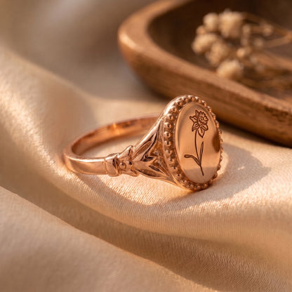 Personalized Vintage Birthflower Signet Ring
