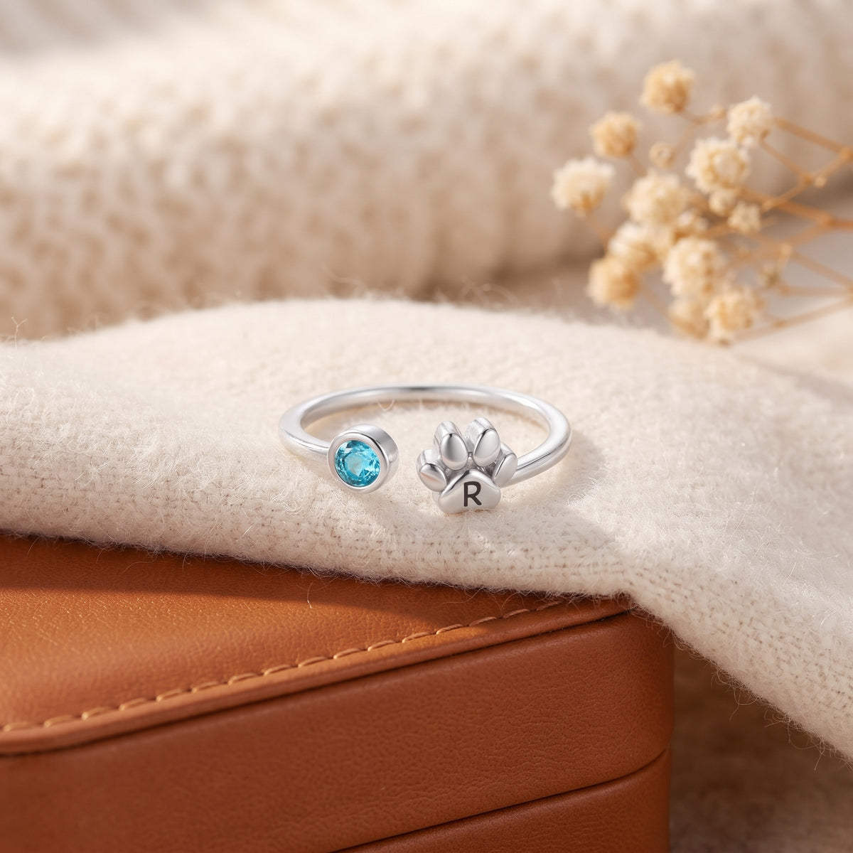 Custom Initial Engraved Tiny Paw with Birthstone Ring
