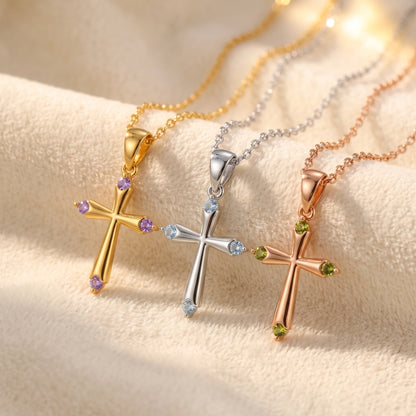 Personalized Dainty Birthstone Cross Necklace
