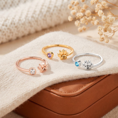 Custom Initial Engraved Tiny Paw with Birthstone Ring